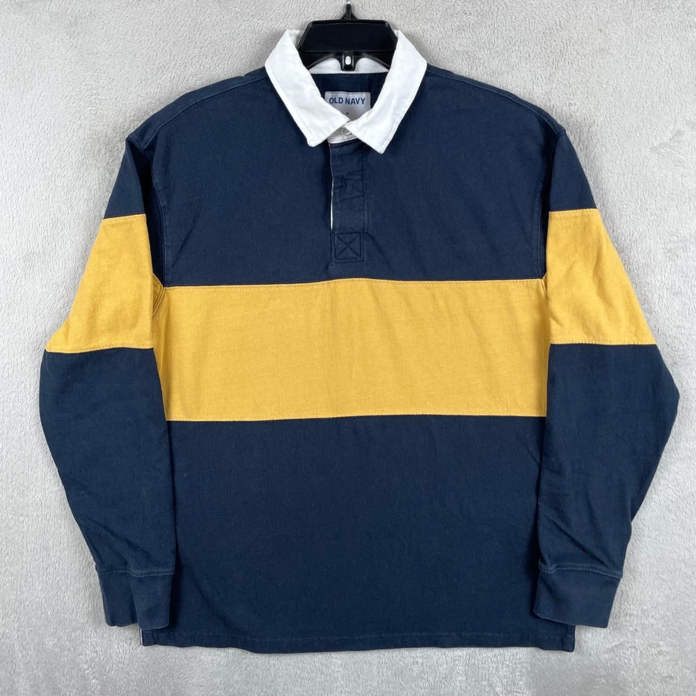Old Navy Rugby Shirt Men Medium Navy Blue Yellow Stripe Long Sleeve Polo Preppy